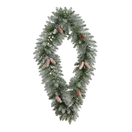 3ft. White LED Lights Geometric Diamond Christmas Frosted Wreath With Pinecones